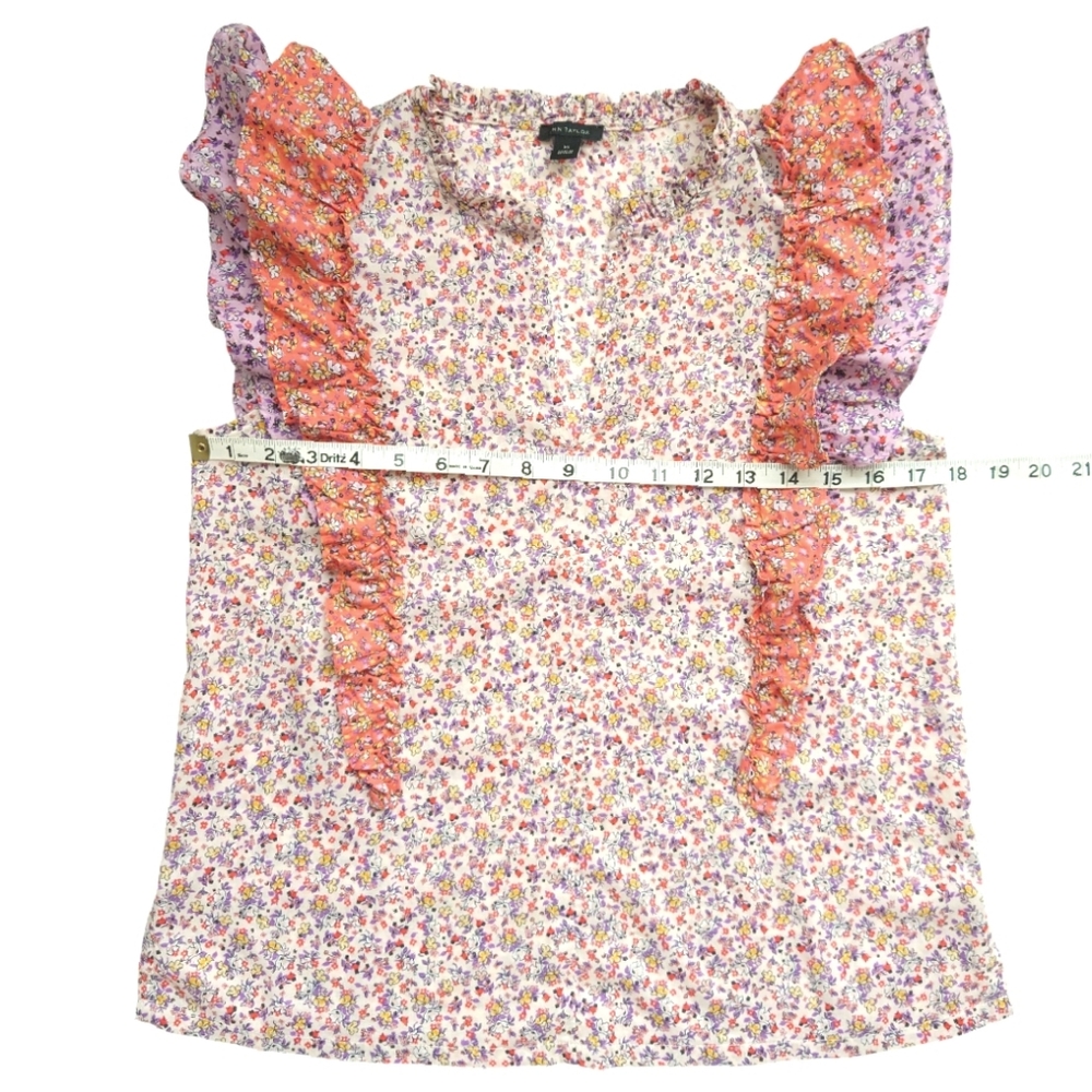 ANN TAYLOR Floral Ruffle Trim Shell Blouse Top Pink Orange Lilac Size XS - Picture 7 of 13